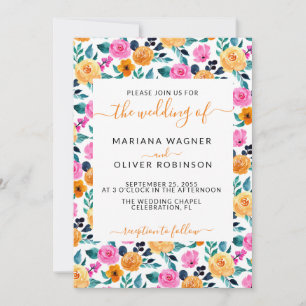 Teal Orange Pink Simple Floral Elegant Script Invitation