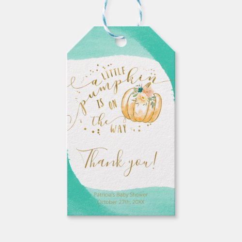 Teal Orange Pumpkin Fall Baby Shower Thank You Gift Tags