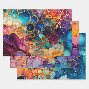 Teal Orange Purple Abstract Alcohol Ink Wrapping Paper Sheets