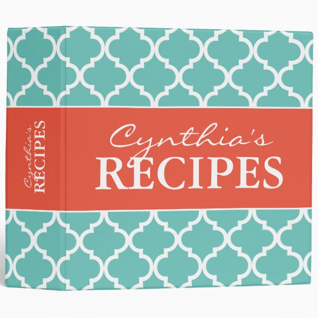 Teal orange quatrefoil pattern recipe binder book (Front/Spine)