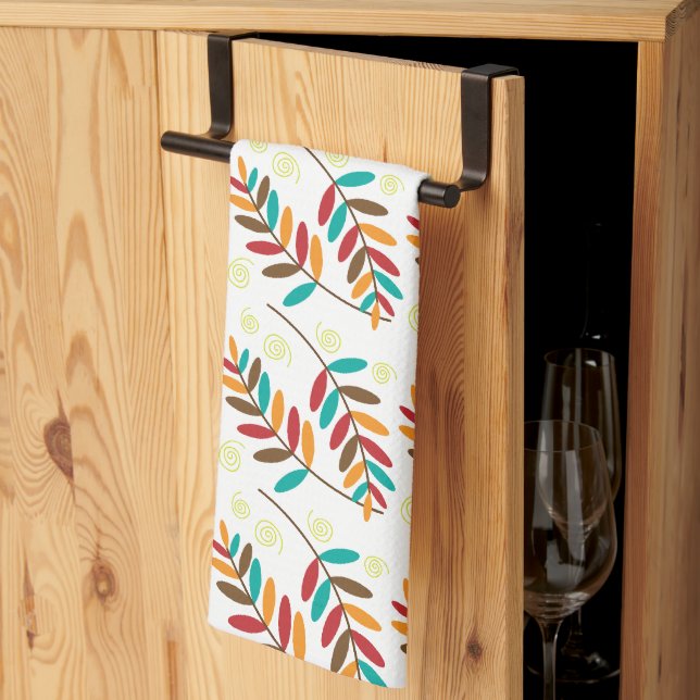Teal, Orange, Red, Brown Fall Leaf Pattern Kitchen Towel (Thirds Fold)