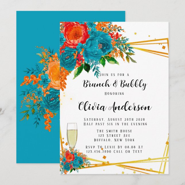 Teal Orange Red Florals Gold Brunch and Bubbly Invitation (Front/Back)