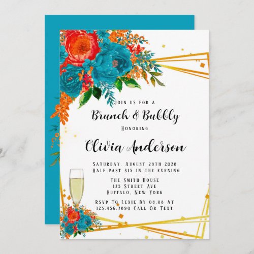 Teal Orange Red Florals Gold Brunch and Bubbly Invitation