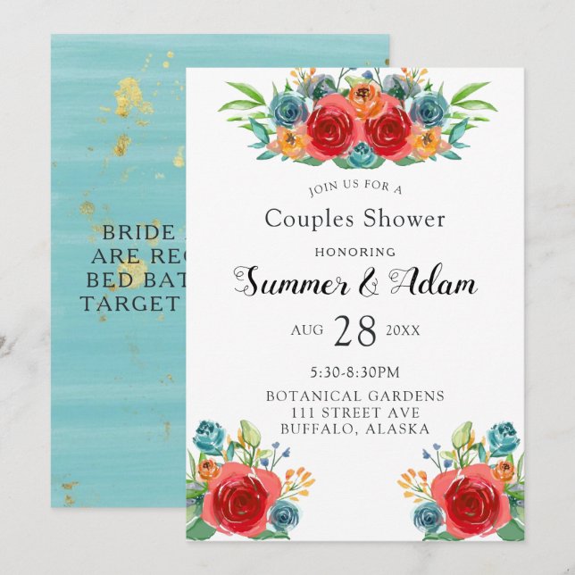 Teal Orange Red Florals Gold Couples Shower Invitation (Front/Back)
