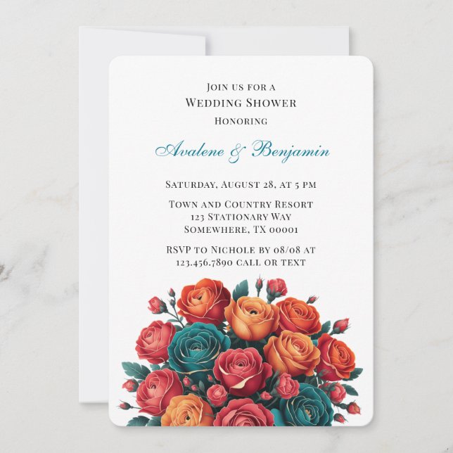 Teal Orange Red Peony Bouquet Wedding Shower Invitation (Front)