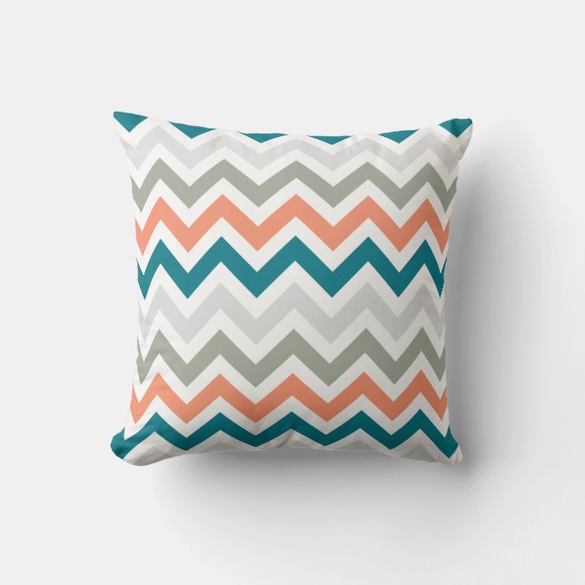Teal Orange Sage Gray Chevron Zigzag Pattern Throw Pillow (Front)