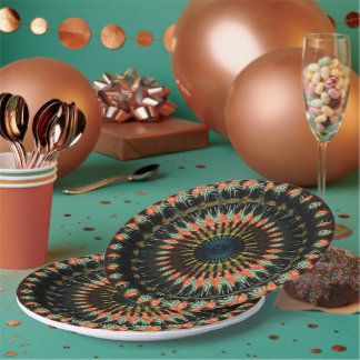 Teal Orange Spiral Earthy Vibe Design Paper Plates