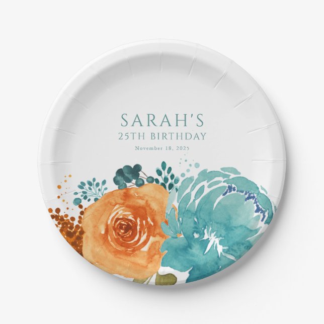 Teal Orange Terracotta Boho Fall Floral  Paper Plates (Front)