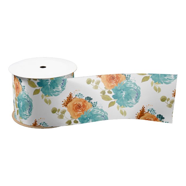 Teal orange Terracotta Boho Floral botanical  Satin Ribbon (Spool)