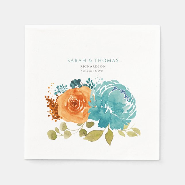 Teal Orange  Terracotta Boho  Floral Napkins (Front)
