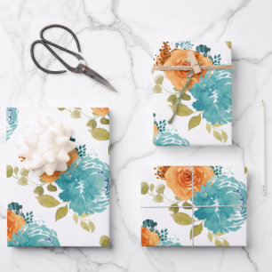 Teal Orange Terracotta Boho Floral Wrapping Paper Sheets