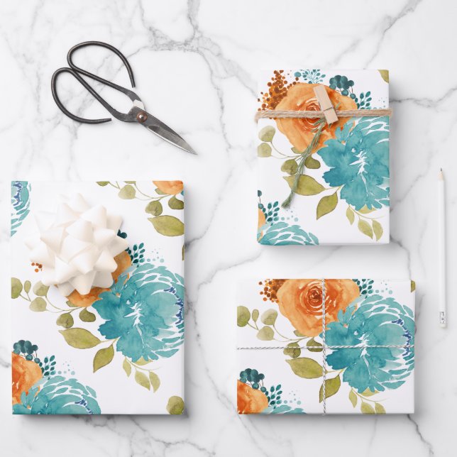 Teal Orange Terracotta Boho Floral  Wrapping Paper Sheets (Front)