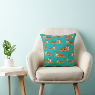 Teal Orange Tiger Animal Pattern Throw Pillow