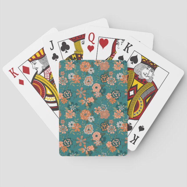 Teal Orange Trendy Floral Vine Flower Pattern Poker Cards (Back)
