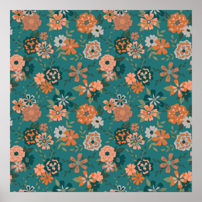 Teal Orange Trendy Floral Vine Flower Pattern Poster (Front)