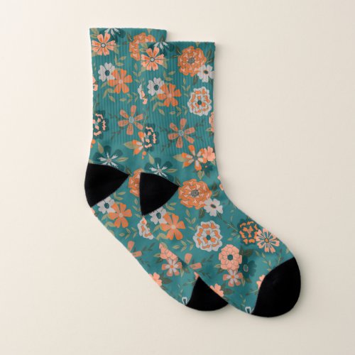 Teal Orange Trendy Floral Vine Flower Pattern Socks