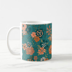 Teal Orange Trendy Floral Vine Patterned Flowers Coffee Mug