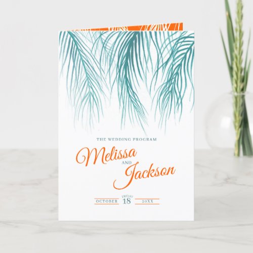 Teal orange tropical palms watercolor art wedding program