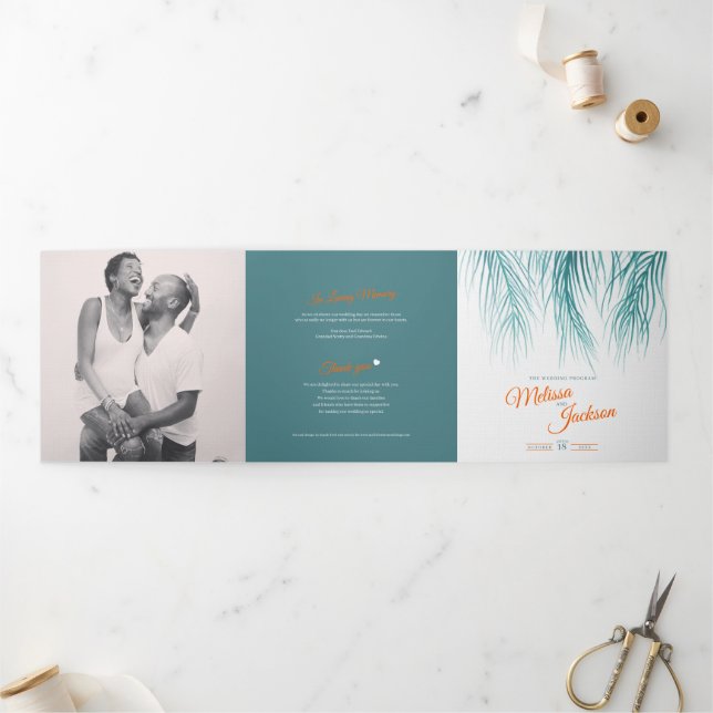 Teal orange tropical palms wedding square Tri-Fold program (Outside)