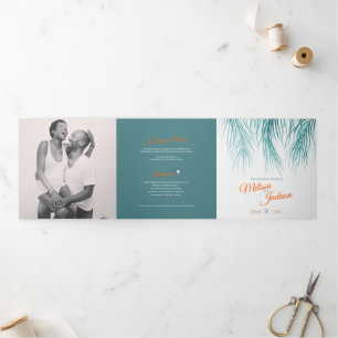 Teal orange tropical palms wedding square Tri-Fold program