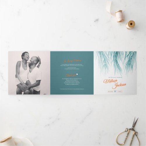 Teal orange tropical palms wedding square Tri_Fold program