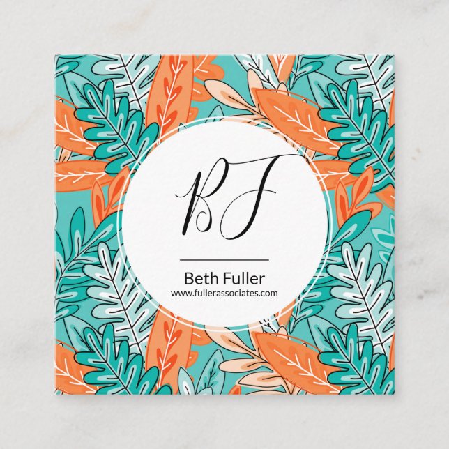 Teal & Orange Urban Jungle Leaves Business Card (Front)