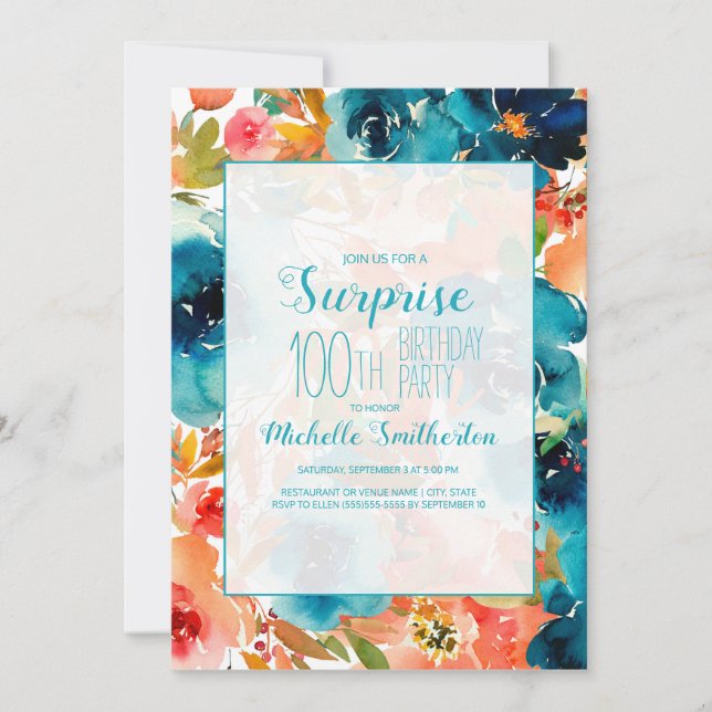 Teal Orange Watercolor Floral 100th Birthday Invitation (Front)