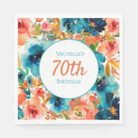 Teal Orange Watercolor Floral 70th Birthday