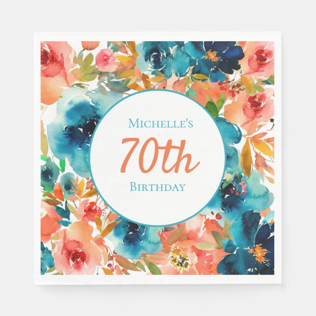 Teal Orange Watercolor Floral 70th Birthday   Napkins (Front)