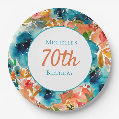 Teal Orange Watercolor Floral 70th Birthday  Paper Plates