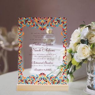 Teal Orange Whimsical Floral Mandala Wedding Acrylic Invitations