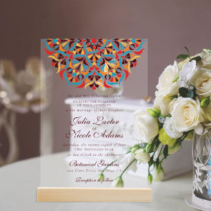 Teal Orange Whimsical Floral Mandala Wedding Acrylic Invitations