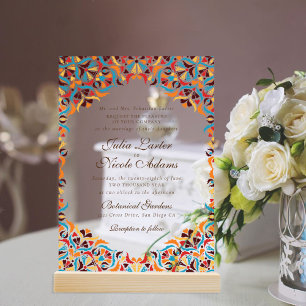 Teal Orange Whimsical Floral Mandala Wedding Acrylic Invitations