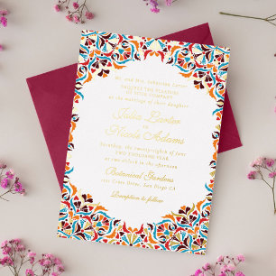 Teal Orange Whimsical Floral Mandala Wedding Foil Invitation