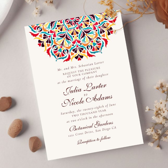 Teal Orange Whimsical Floral Mandala Wedding Invitation (Creator Uploaded)