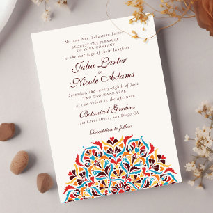 Teal Orange Whimsical Floral Mandala Wedding Invitation
