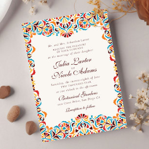 Teal Orange Whimsical Floral Mandala Wedding Invitation