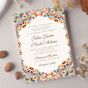 Teal Orange Whimsical Floral Mandala Wedding Invitation