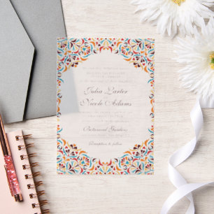 Teal Orange Whimsical Floral Mandala Wedding Vellum Invitations