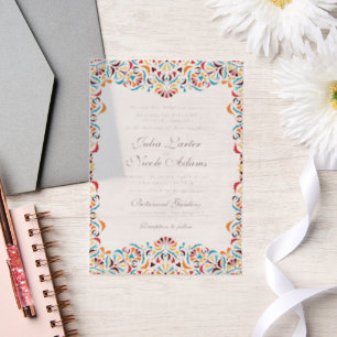 Teal Orange Whimsical Floral Mandala Wedding Vellum Invitations