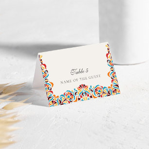 Teal Orange Whimsical Floral Wedding Place Card