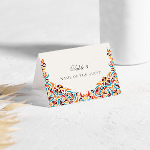 Teal Orange Whimsical Floral Wedding Place Card