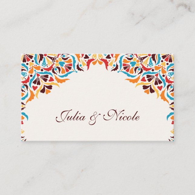 Teal Orange Whimsical Floral Wedding Place Card (Front)