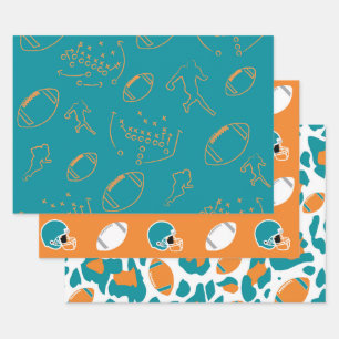 Teal, Orange & White Football Patterns Wrapping Paper Sheets