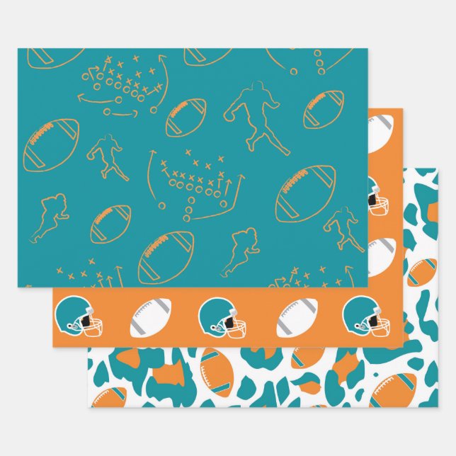 Teal, Orange & White Football Patterns Wrapping Paper Sheets (Set)