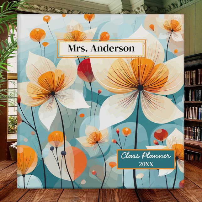 Teal Orange Wildflowers Teacher Binder (Elegant binder featuring a teal orange wildflower illustration)
