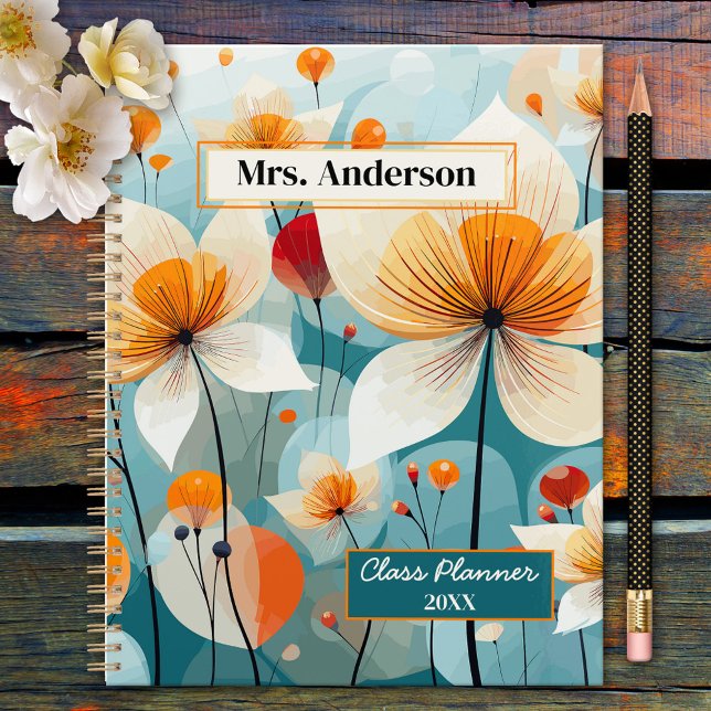 Teal Orange Wildflowers Teacher  Planner (Elegant planner featuring a teal orange wildflower illustration. Beautiful for a teacher or other)