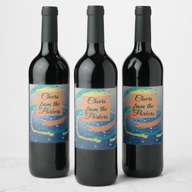 Teal, Orange, Yellow & Coral Brushstrokes Wine Label (Bottles)