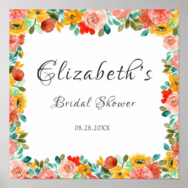 Teal Orange Yellow Painted Peony Bridal Shower Poster (Front)
