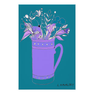 Teal Original Colorful Flowers In A Mug Poster